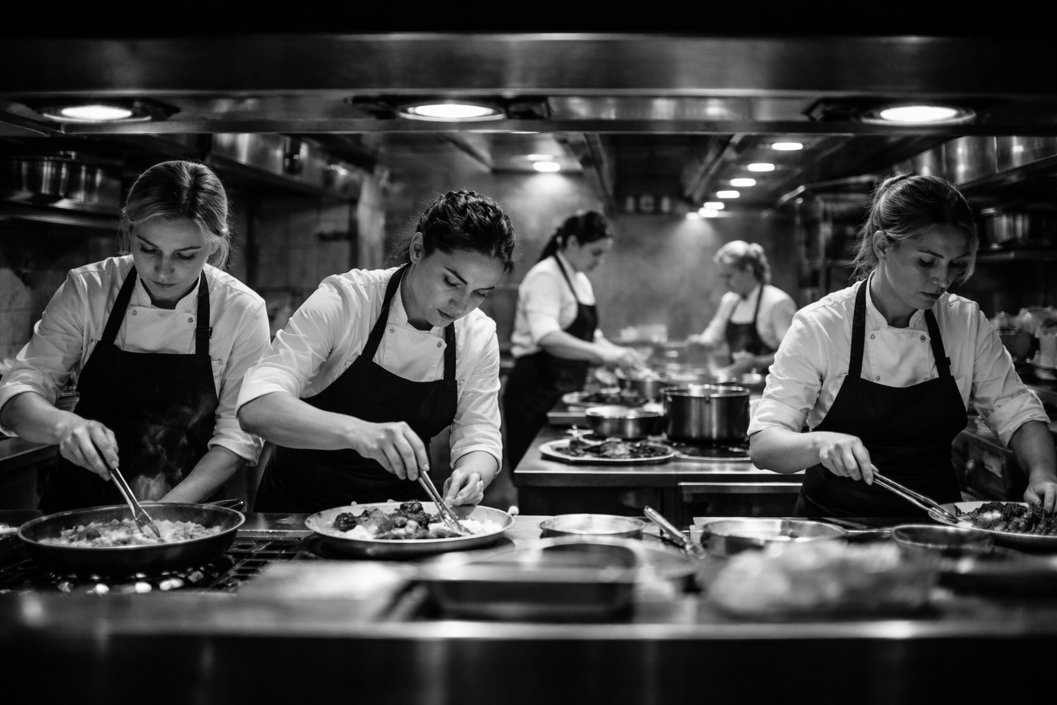 Full kitchen brigade in service, multiple stations working in parallel