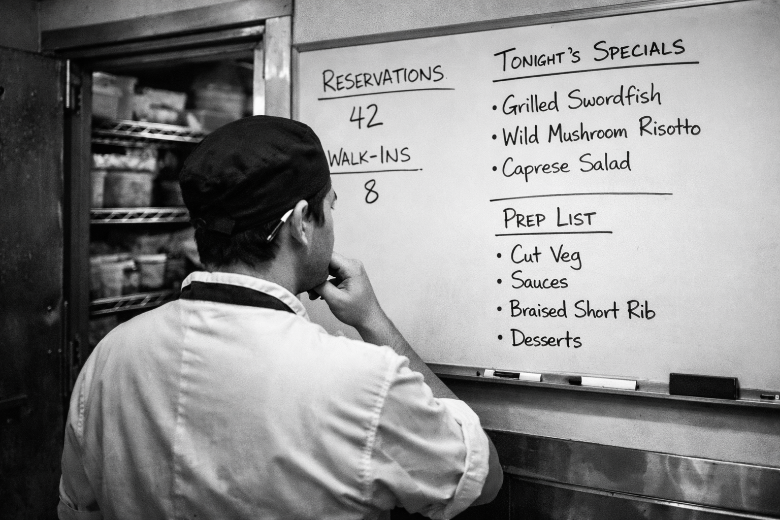 A prep cook surveying the service plan for tonight