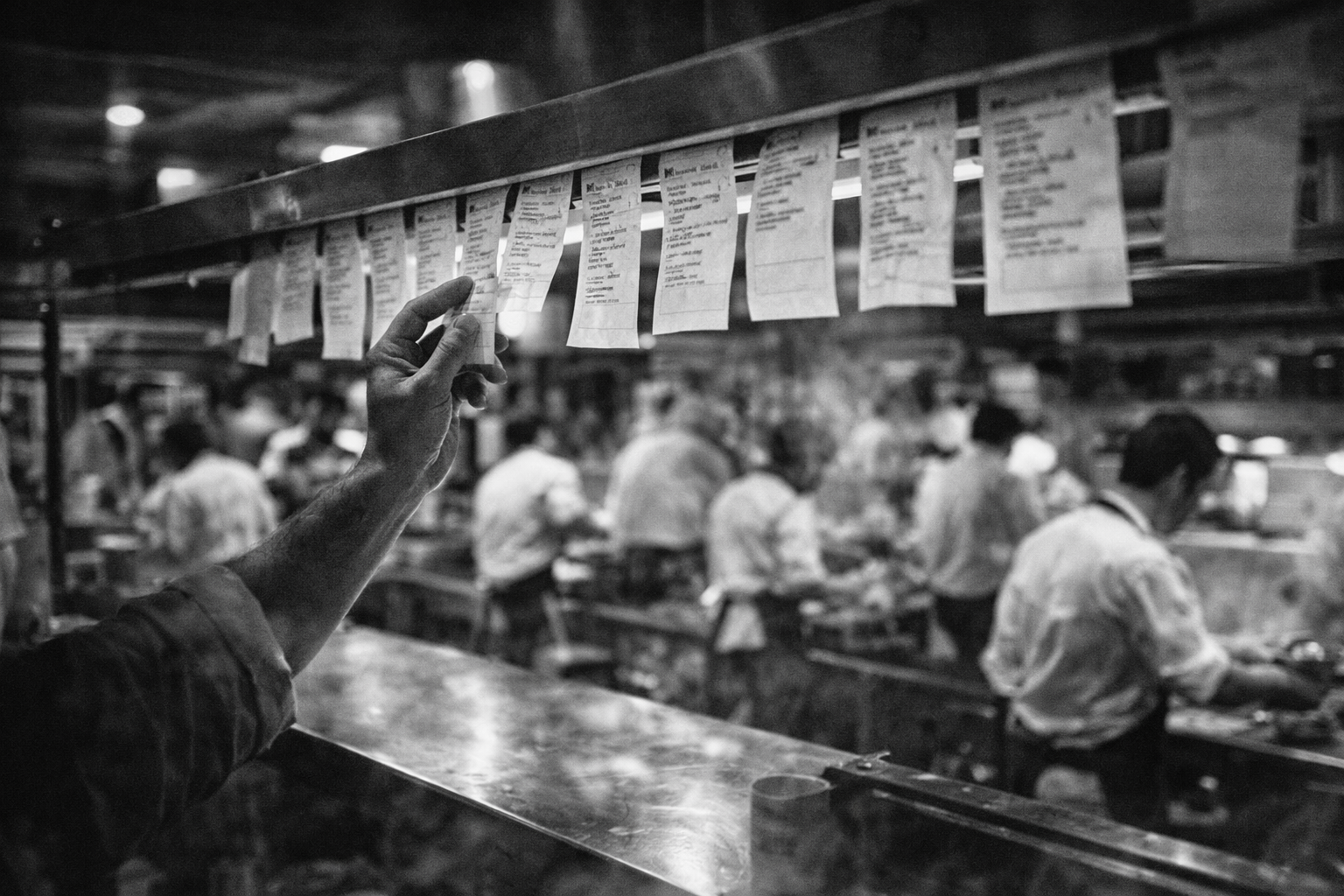 Order tickets hanging on the rail at the pass